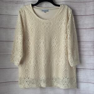Southern Lady Boho Ivory Crochet Lace Top 3/4 Length Sleeves Size Large